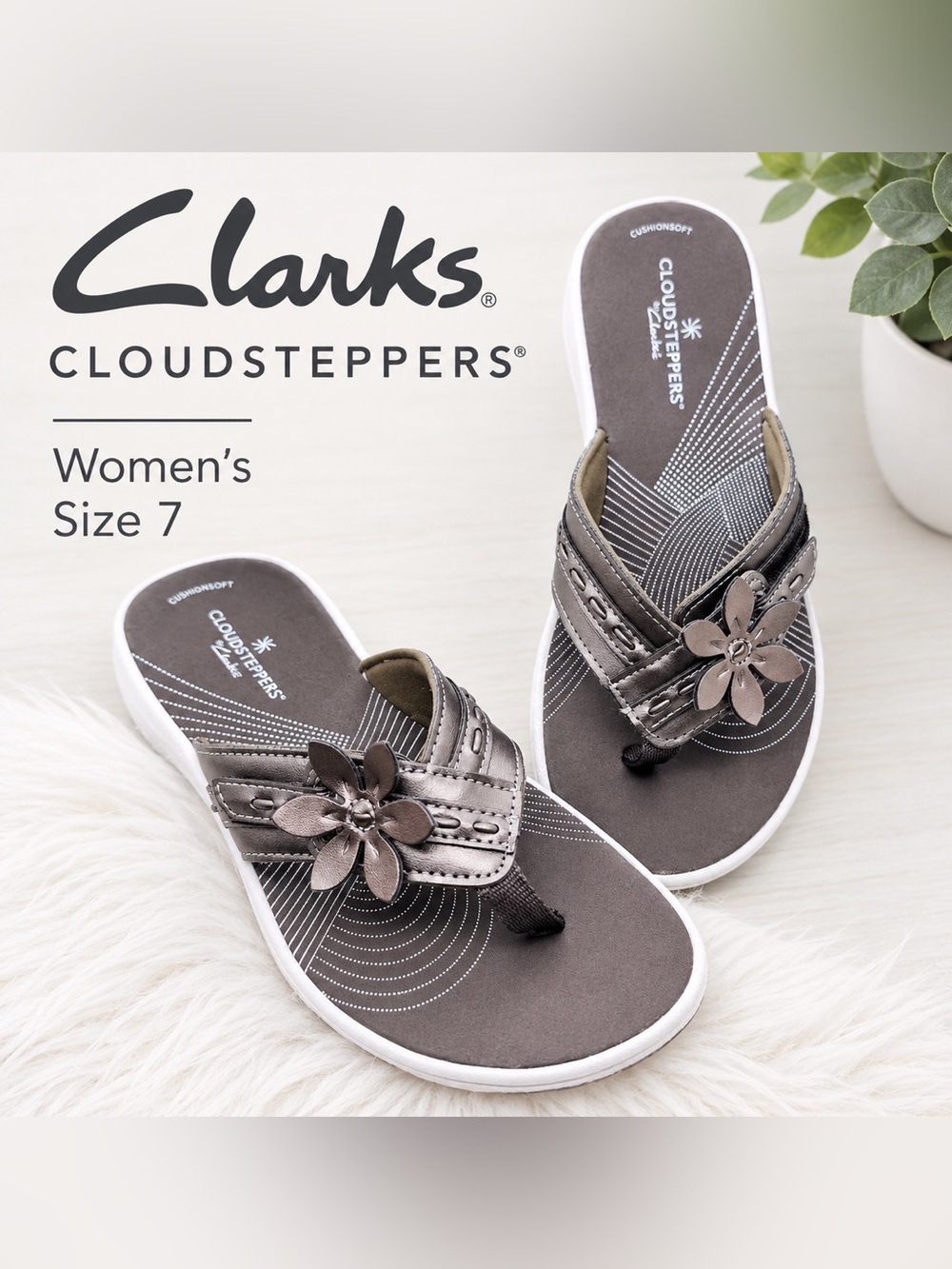 Clarks Cloudsteppers Breeze Opal Thong Flip Flop Sandals Bronze adjustable EUC
